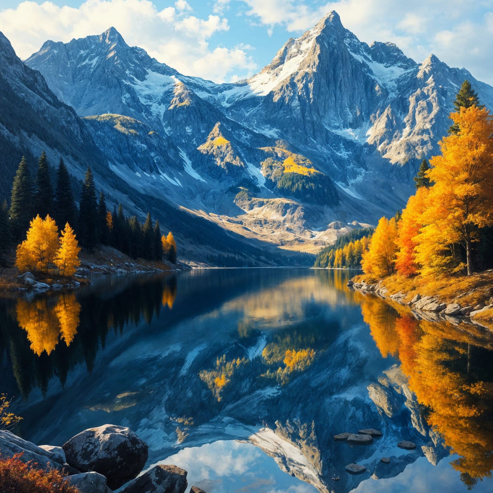 Autumn Mountain Lake Painting in the Alps