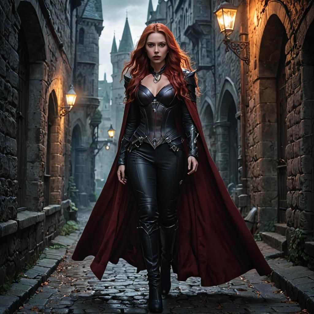 Mystical Scarlet Witch in Gothic Castle Alleyway