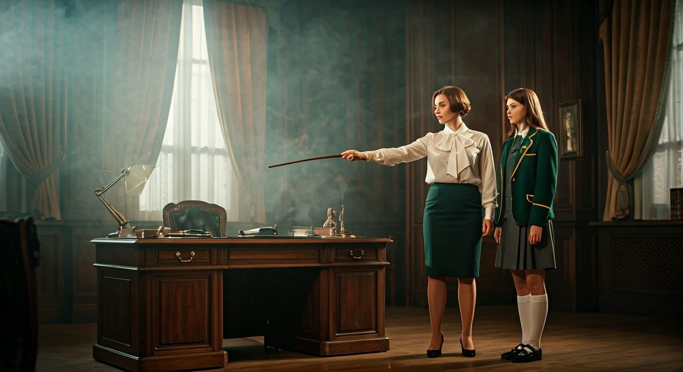Stern Headmistress Confronts Nervous Student in Vintage Stud...