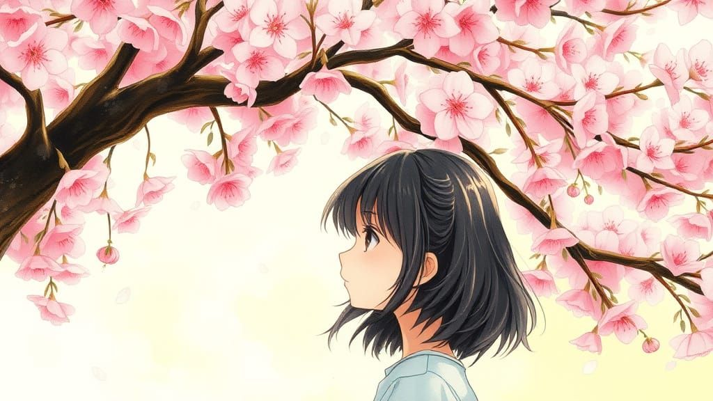 Whimsical Ghibli-Inspired Girl Under Cherry Blossom Tree