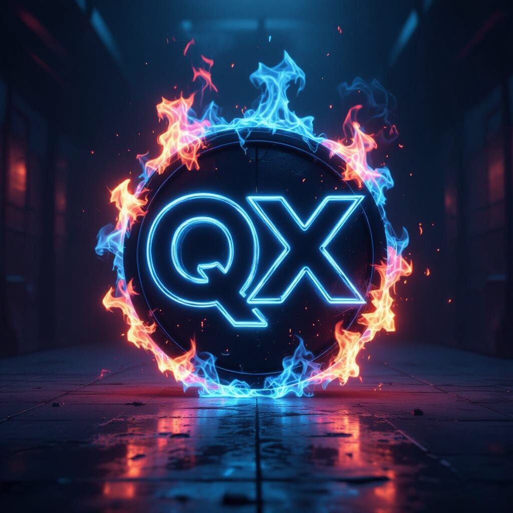 Neon Fire Ignites QX Logo in Dark Room