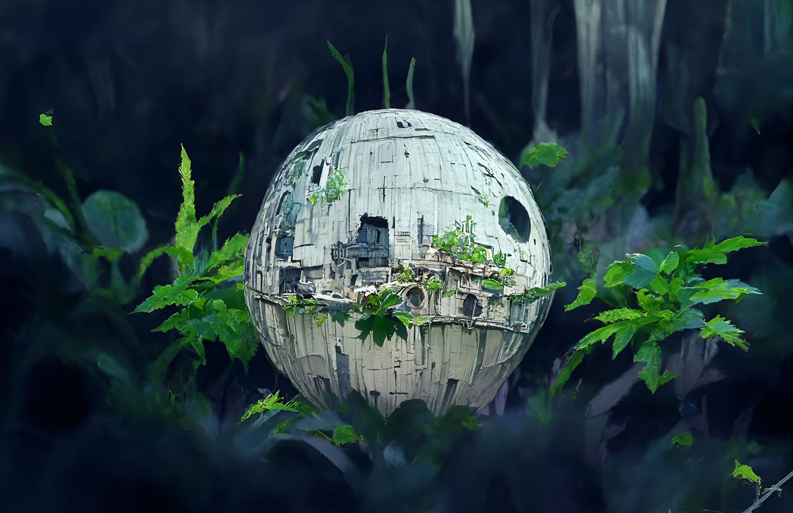 Ecological Death Star Paradise in Ghibli Style