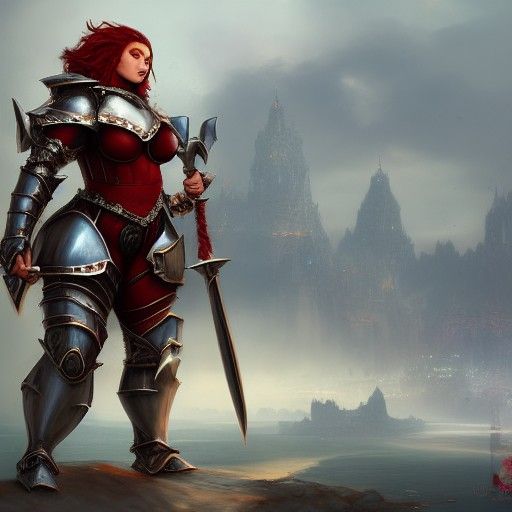 Voluptuous Scarlet-Haired Knight in Detailed Matte Painting