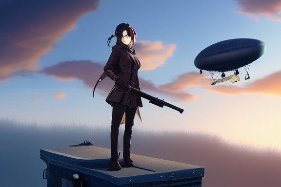 Steampunk Anime Woman on Rooftop at Twilight