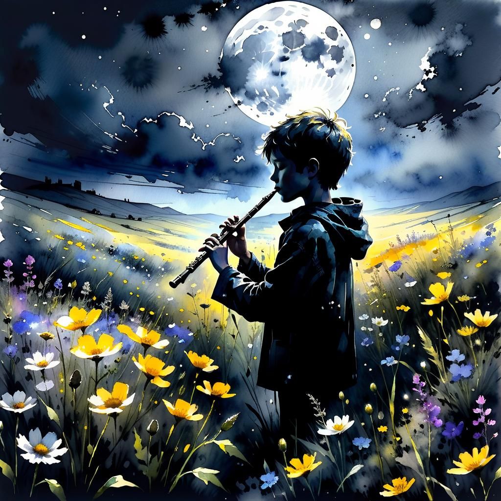 Boy Flute Silhouette in Moonlit Wildflower Field