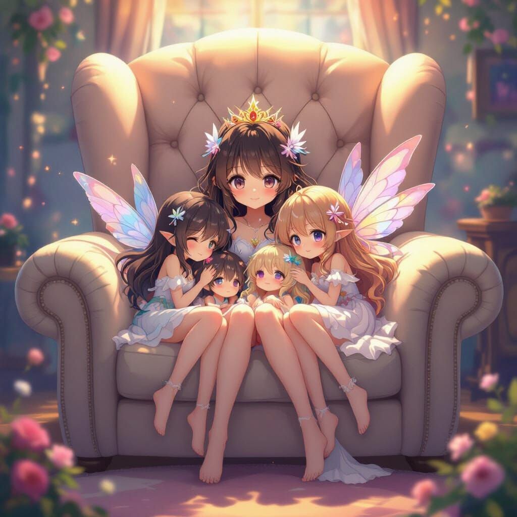 Anime Fairies Snuggled on Giant Armchair