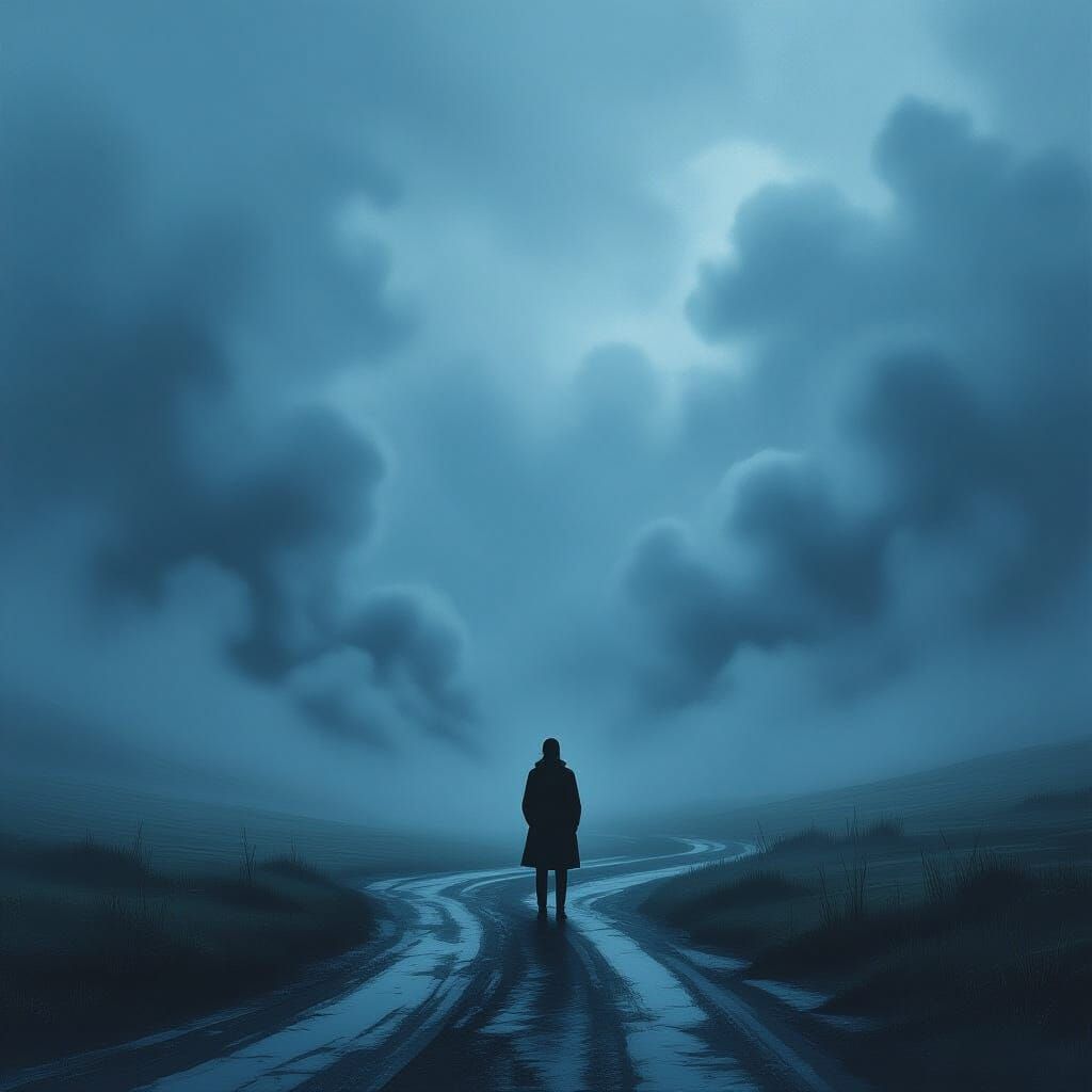 Figure at Misty Crossroads in Dramatic High Contrast Style