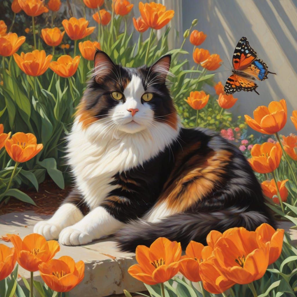 Whimsical Cat Basks in Garden Oasis