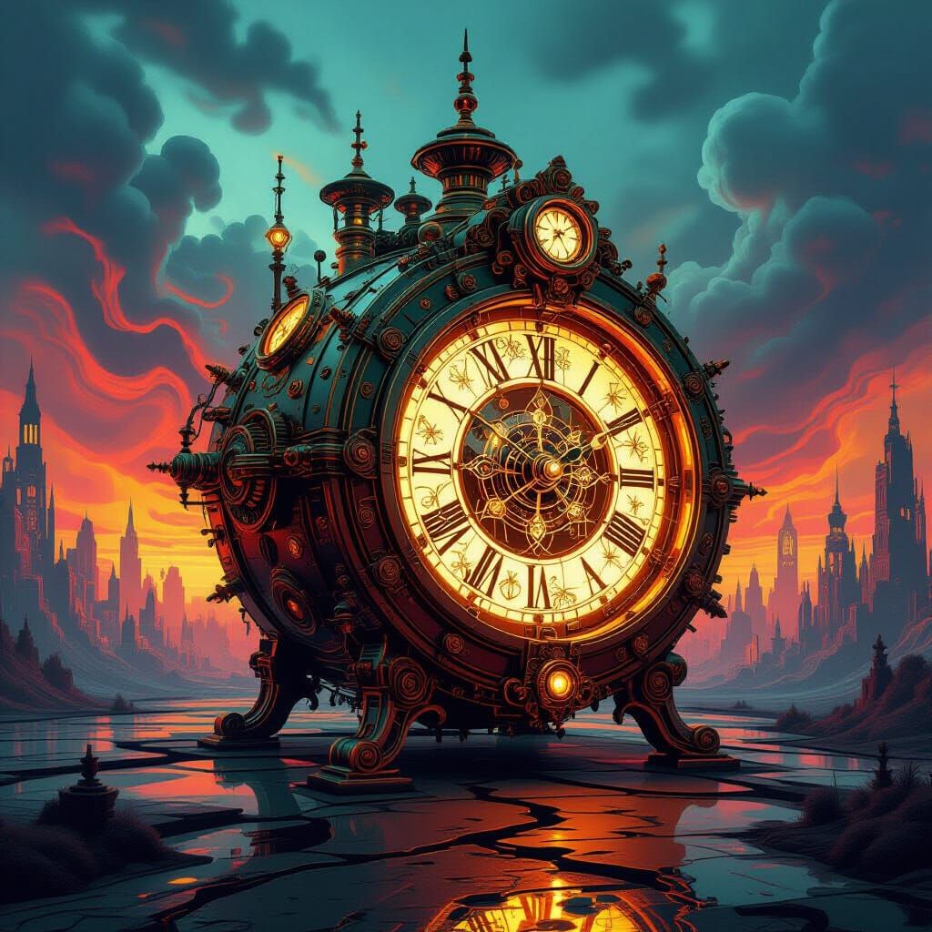 Intricate Steampunk Time Machine in Psychedelic Melting Land...