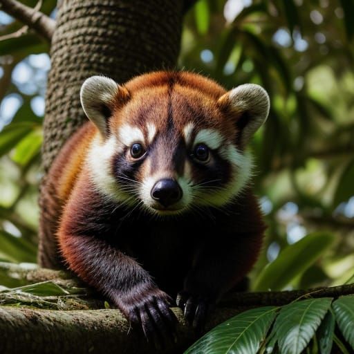 Coati Climbing Tree in Detailed Digital Wildlife Art