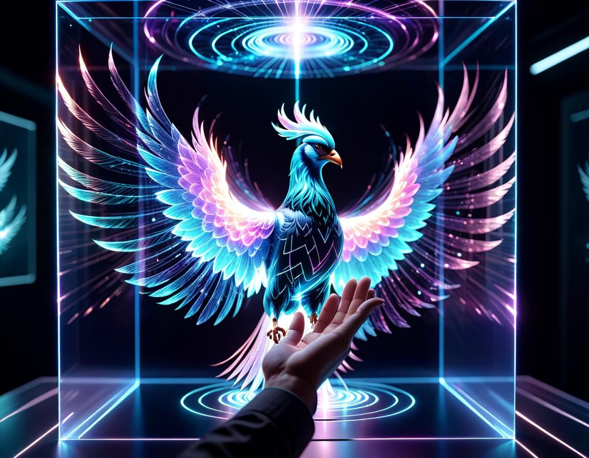 Radiant Holographic Phoenix in Glass Chamber