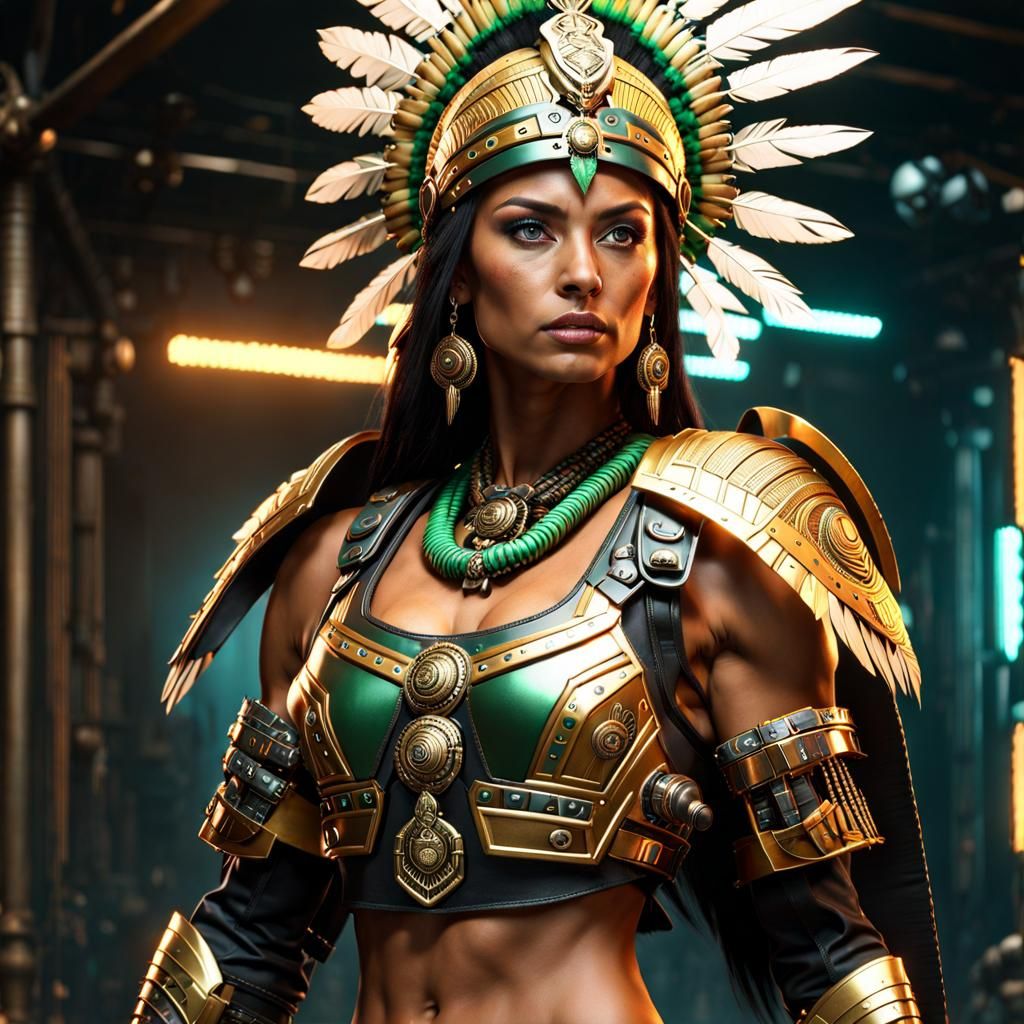 Aztec Warrior Woman with Flaming Sword in Cyberpunk Style