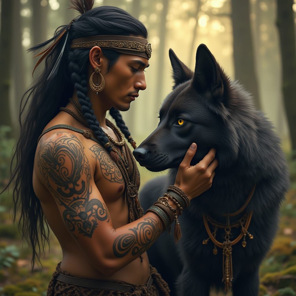 Native American Man with Tribal Tattoos and Majestic Wolf in...