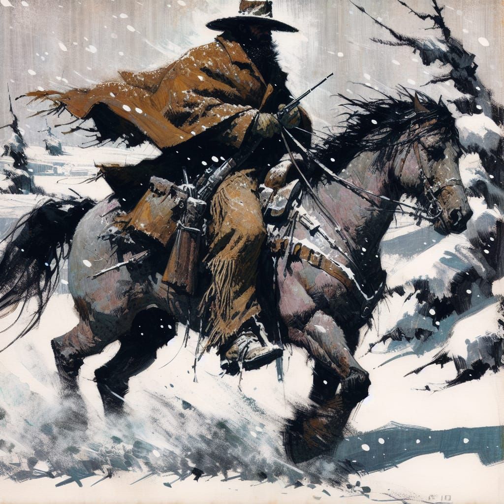 Cowboy in Snowy Landscape: Expressionist Ink Wash