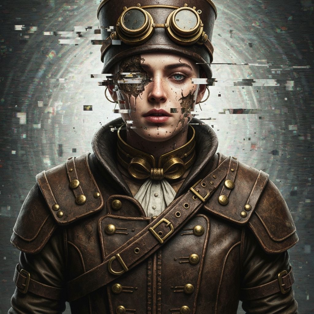 Glitching Steampunk Figure in Digital Art Style