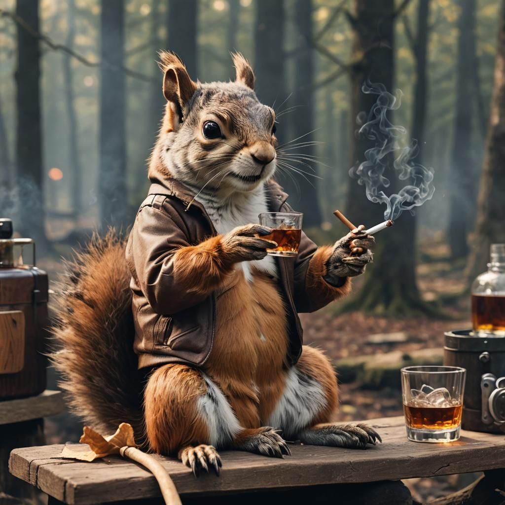 Squirrel Smoking and Drinking Whiskey: Realistic 8k Photo