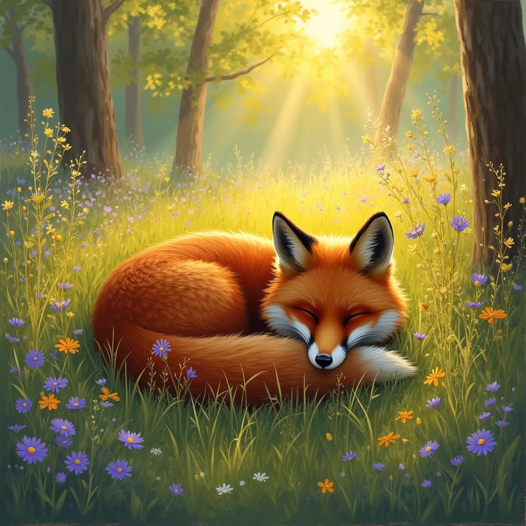 Sleeping Fox in Sunlit Wildflower Meadow