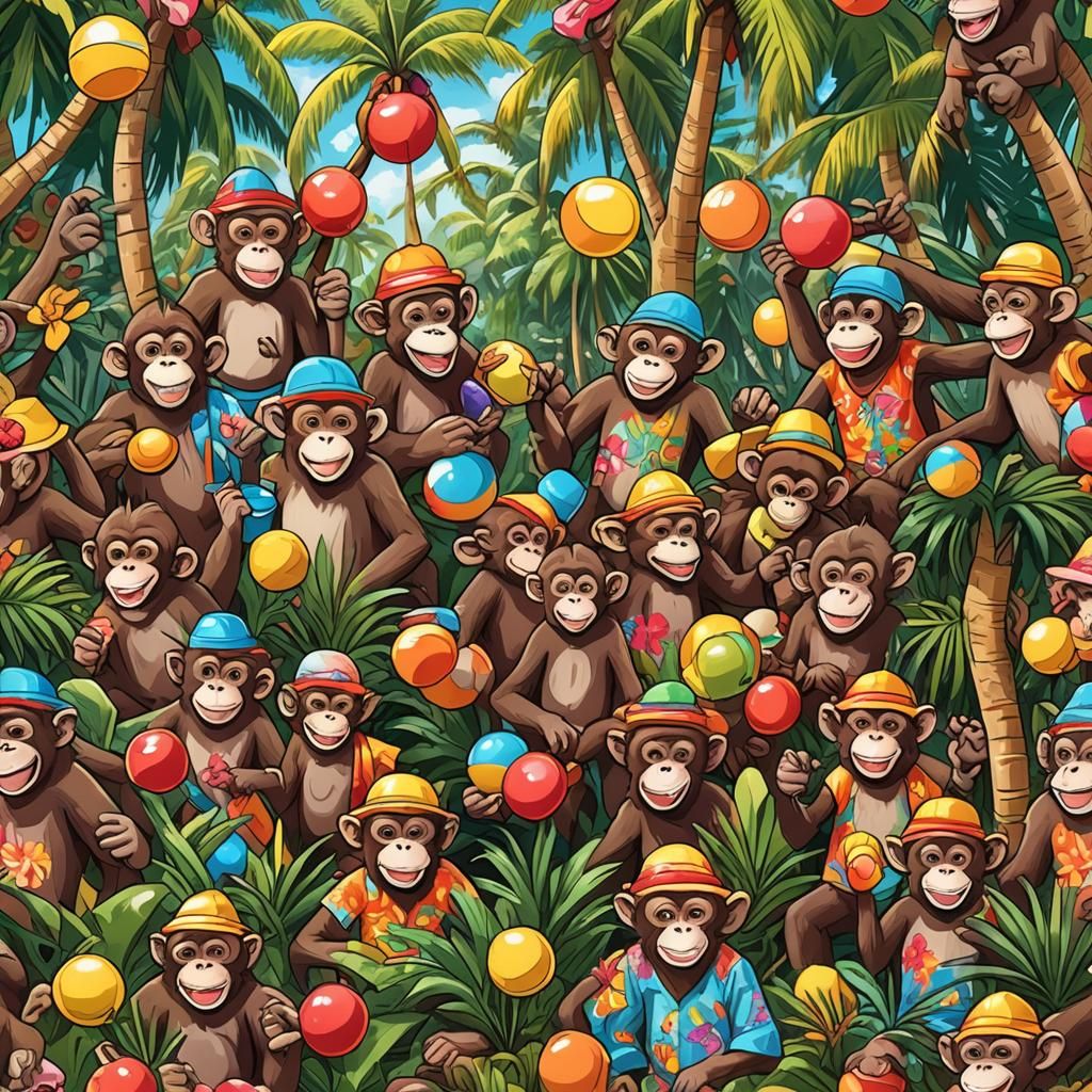 Monkeys Party in Palm Grove: 3D Cartoon Illustration