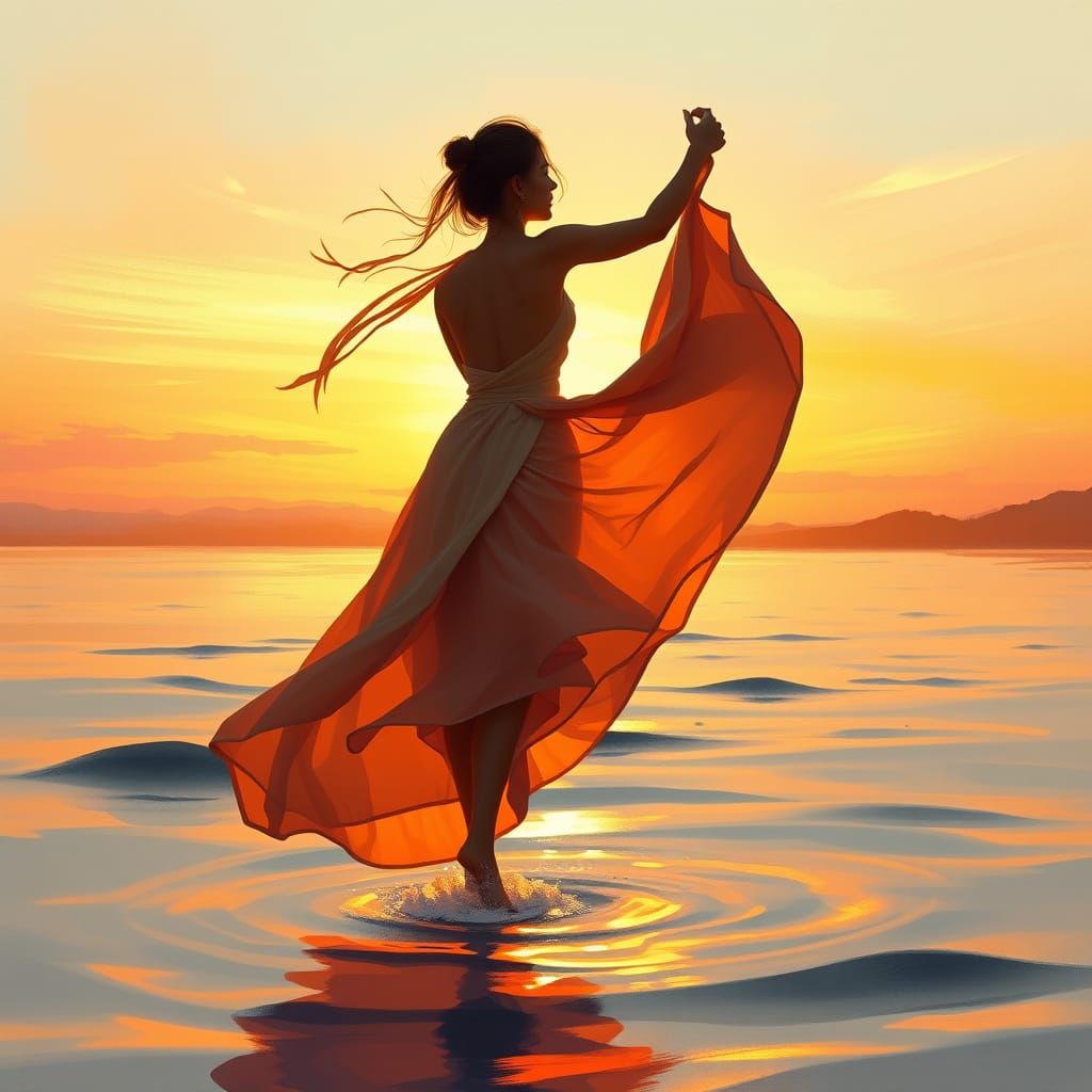 Dancing Figure on Water at Sunset