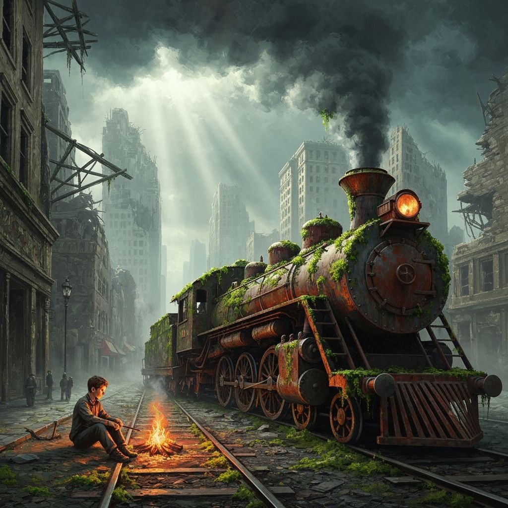 Impasto Painting of Overgrown Steam Train in Ruined City