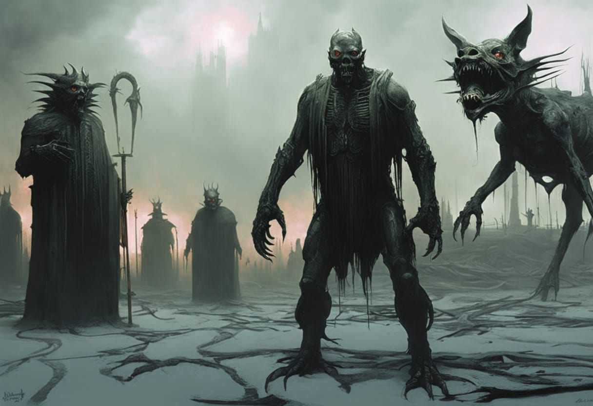 Demonic Figure in Surreal Dystopian Horror Landscape