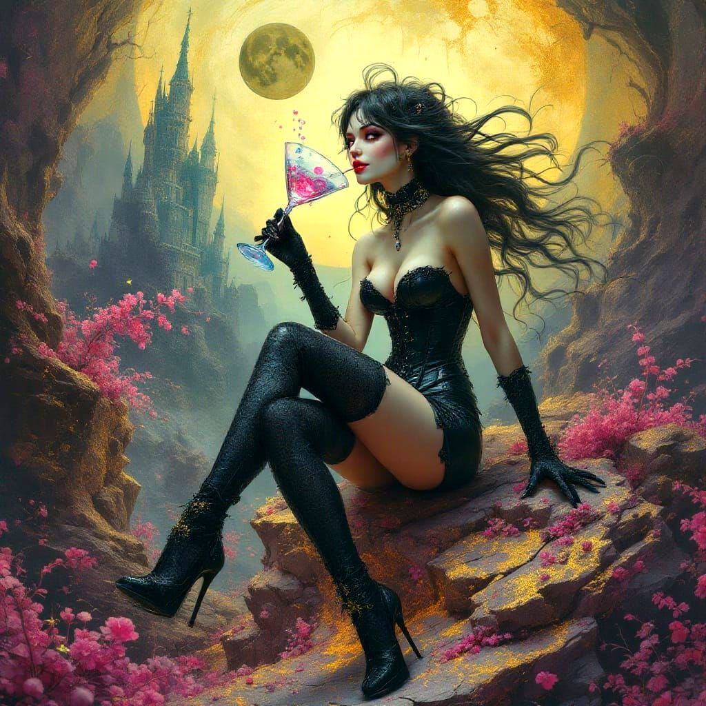 Gothic Glamour Goddess in Vibrant, Surreal Wonderland