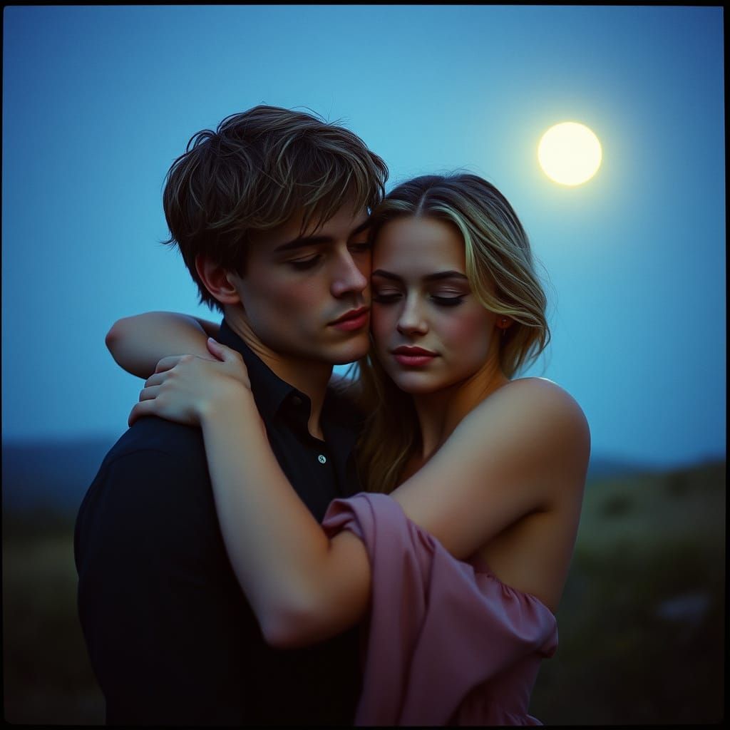 Hyperrealistic Image of Couple Embracing in Moonlight