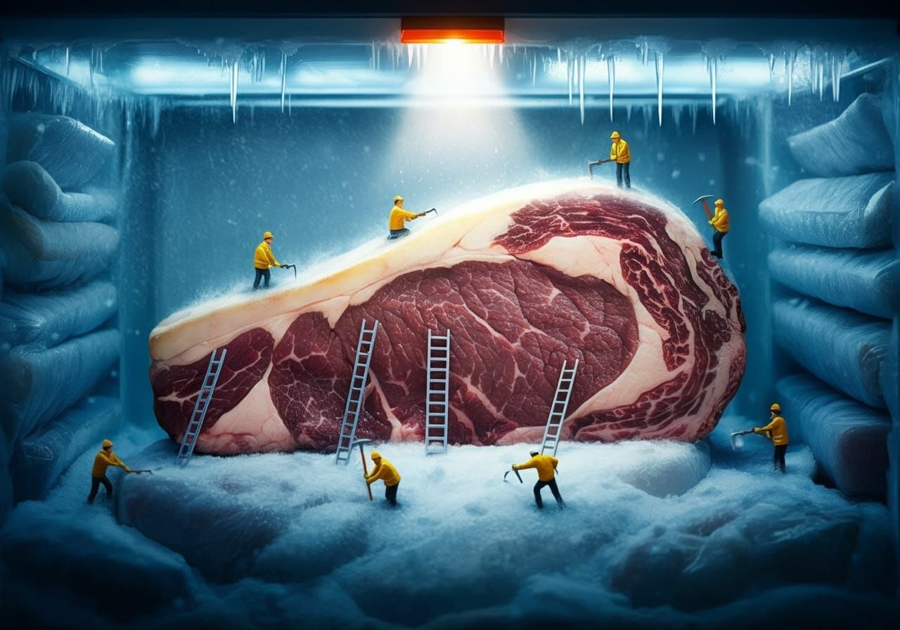 Succulent Ribeye Steak Trapped in a Chilly Freezer Scene