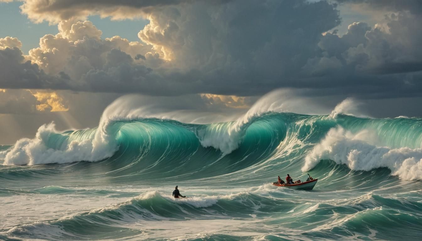 Oceanic Chaos: Fisherman and Approaching Wave in Fauvist Sty...