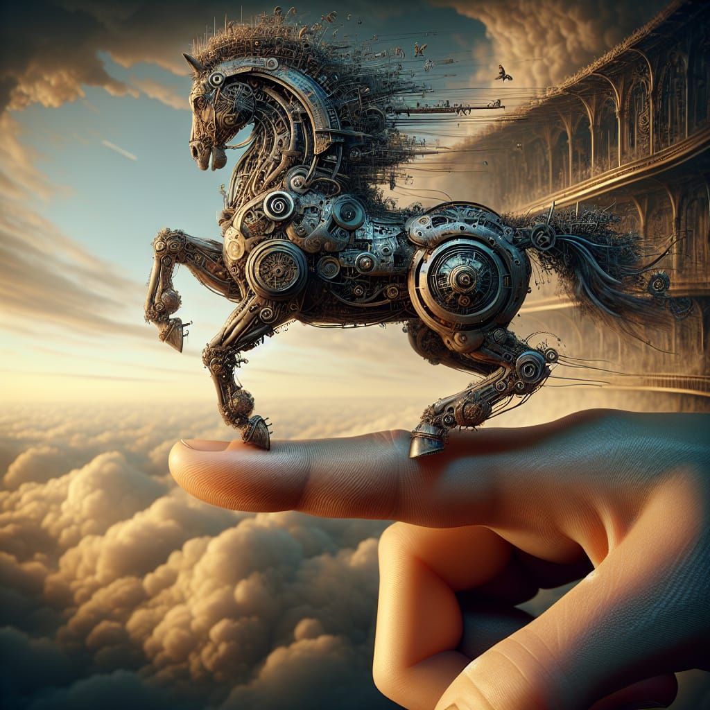 Steampunk Centaur Balances on Fingertip in Macro Shot