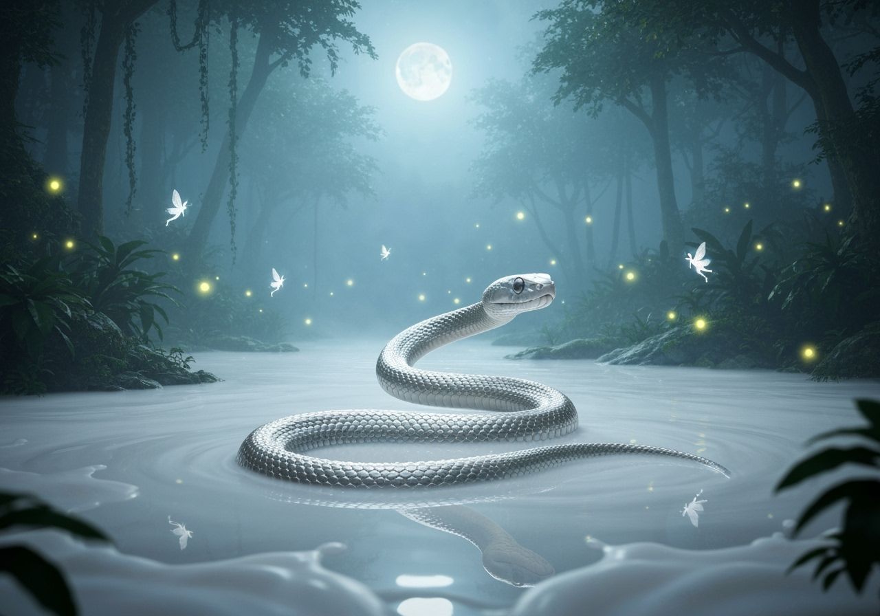 Silver Snake Swimming in Milk River, Ethereal Moonlight