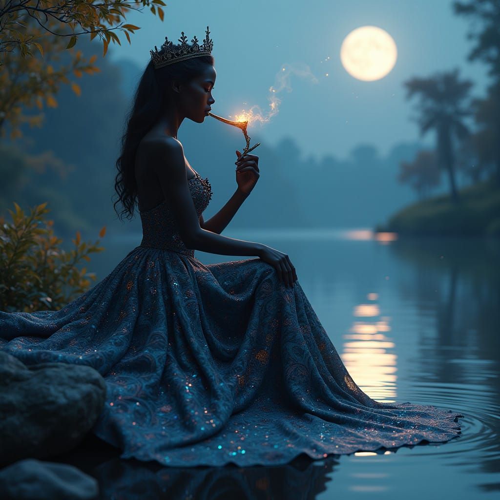 Regal Black Princess in a Moonlit Lake Scene with Vibrant Fo...