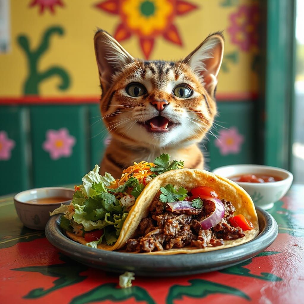 Whimsical Feline Savoring Taco in Vibrant Playful Style