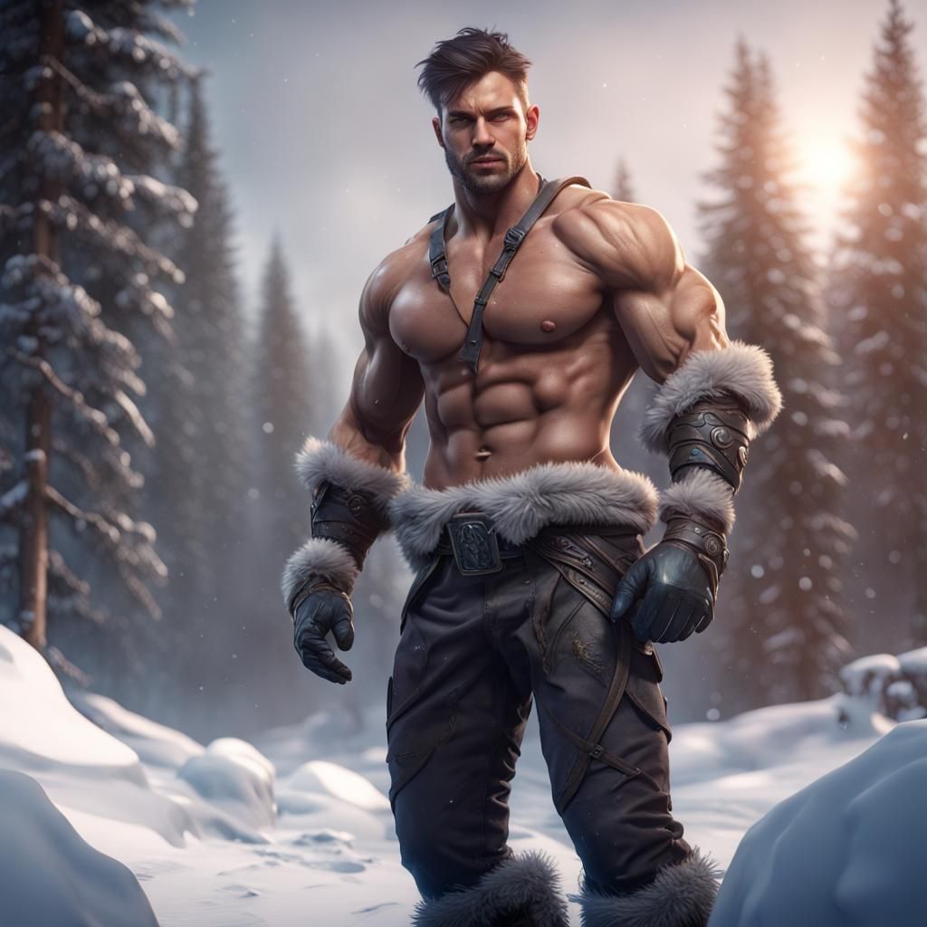 Muscular Man in Winter: Detailed Fantasy Art