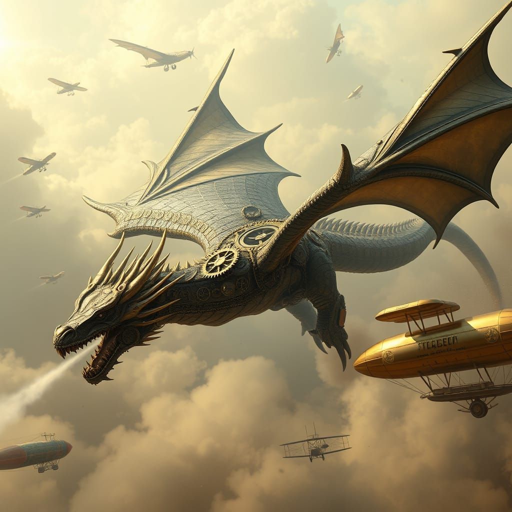 Steampunk Dragon Soaring Through Victorian Skies