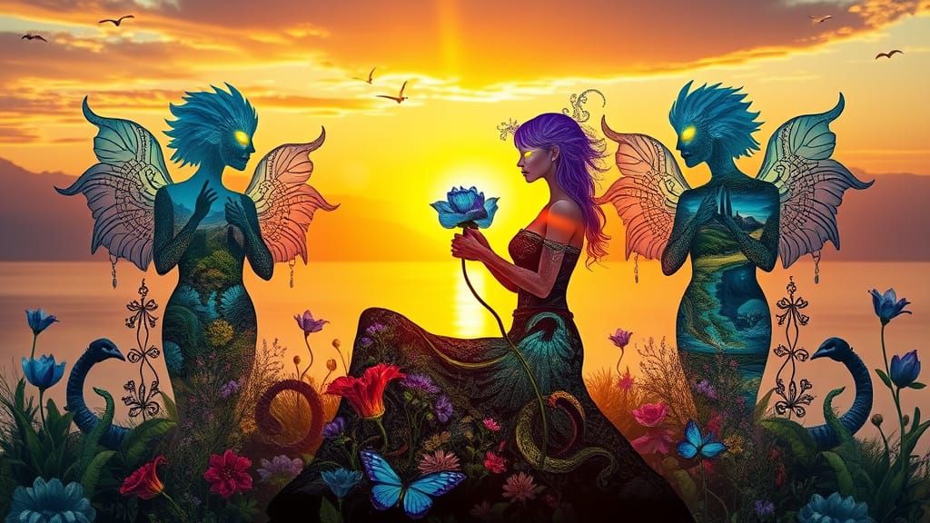 Mystical Creatures Collage at Sunset: Fantasy Dreamscape