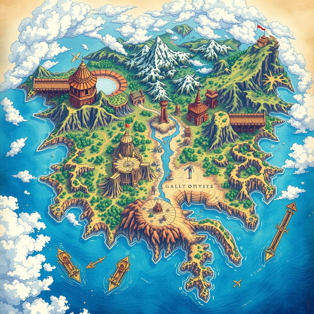 Fantasy World Map in Vibrant Anime Style