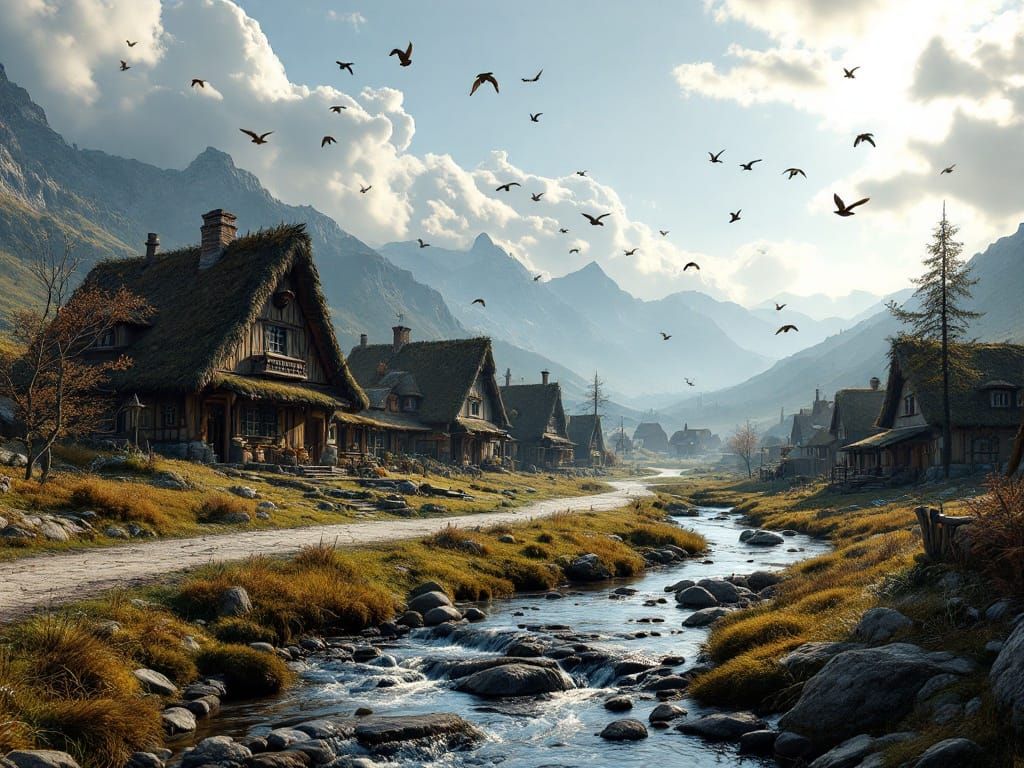 Fantasy Village Scene with Epic Composition
