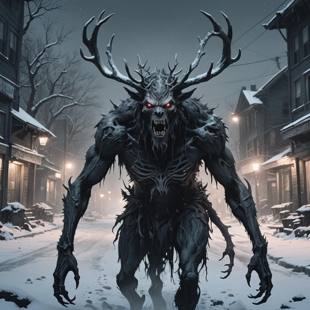 Eerie Wendigo in Abandoned Town: Dark Fantasy Art