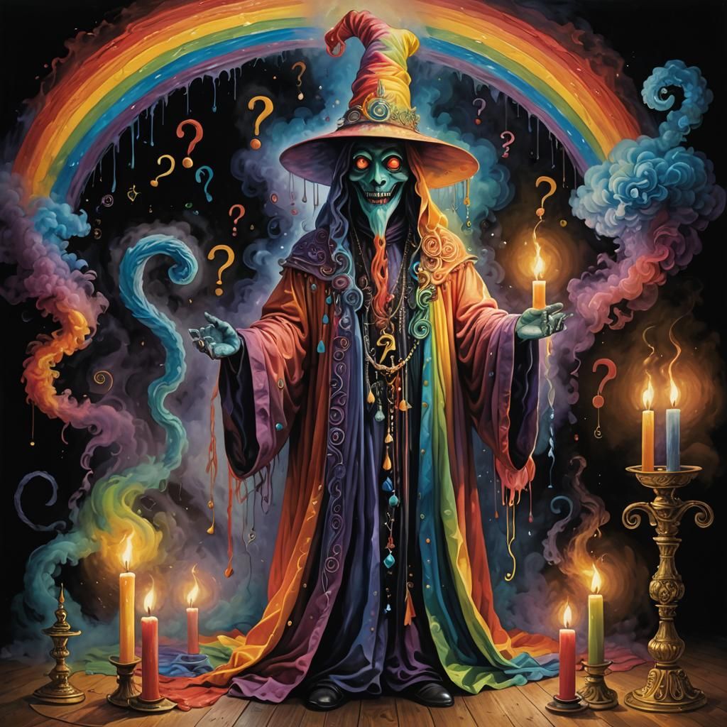 Enigmatic Rainbow Monster Performs Ritual in Surrealism