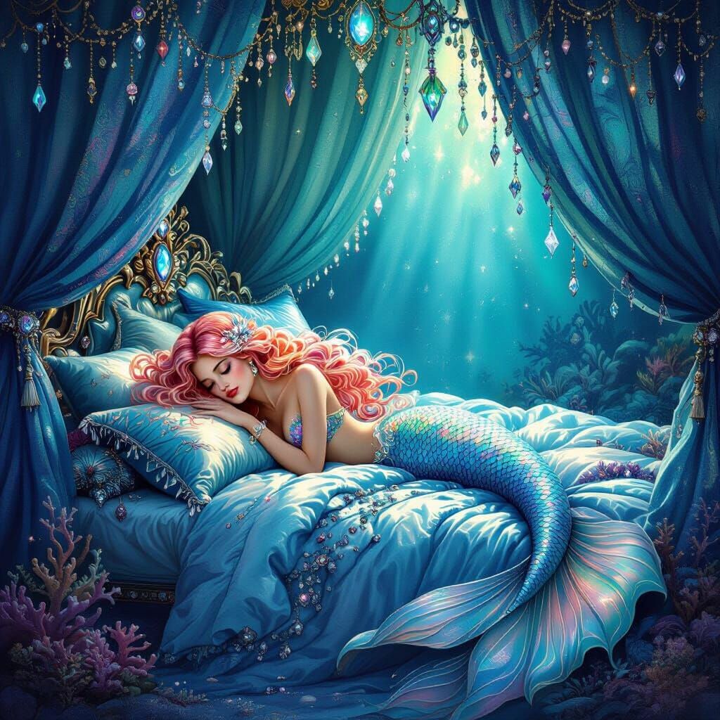 Mermaid Sleeping on Royal Bed Adorned with Jewels