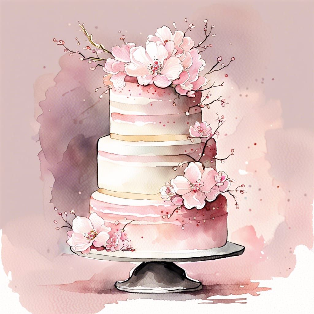 Sakura Wedding Cake Watercolor Illustration
