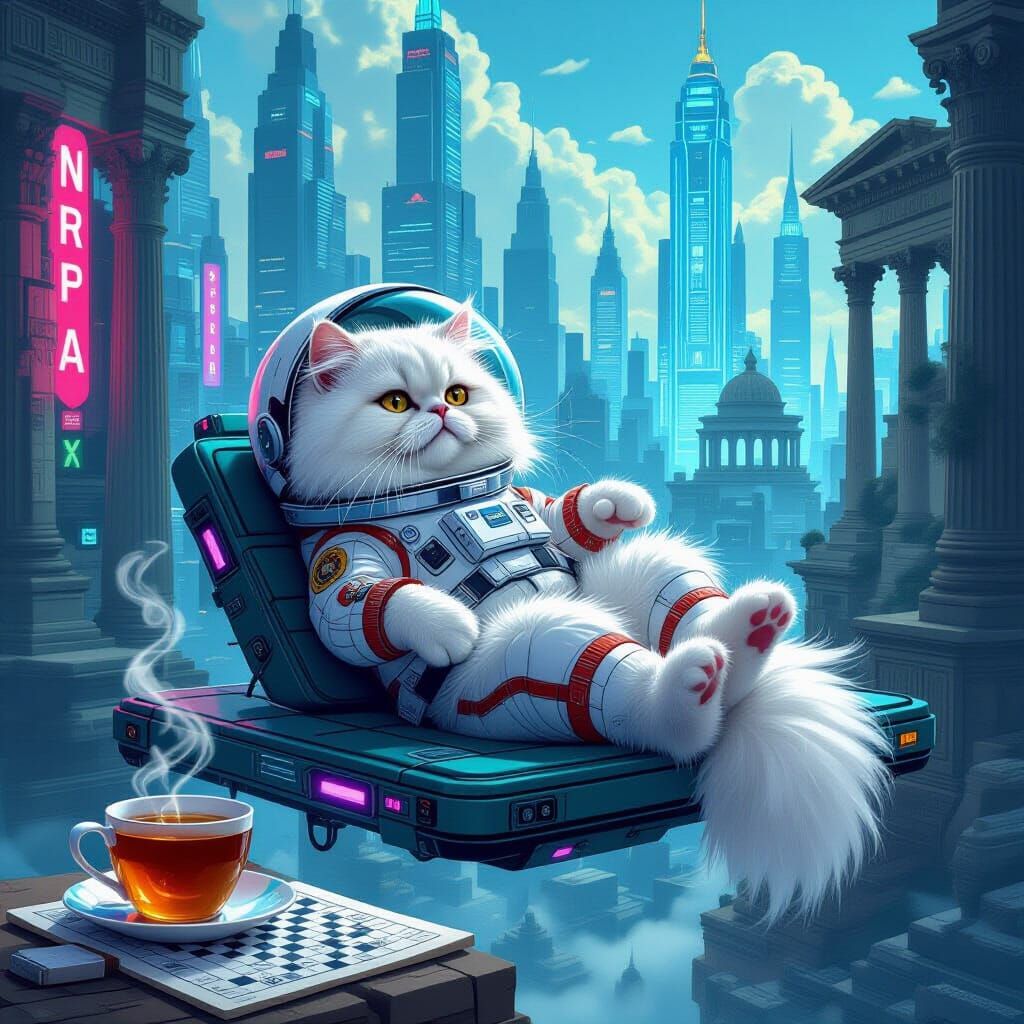 Persian Cat Astronaut in Art Nouveau Cityscape