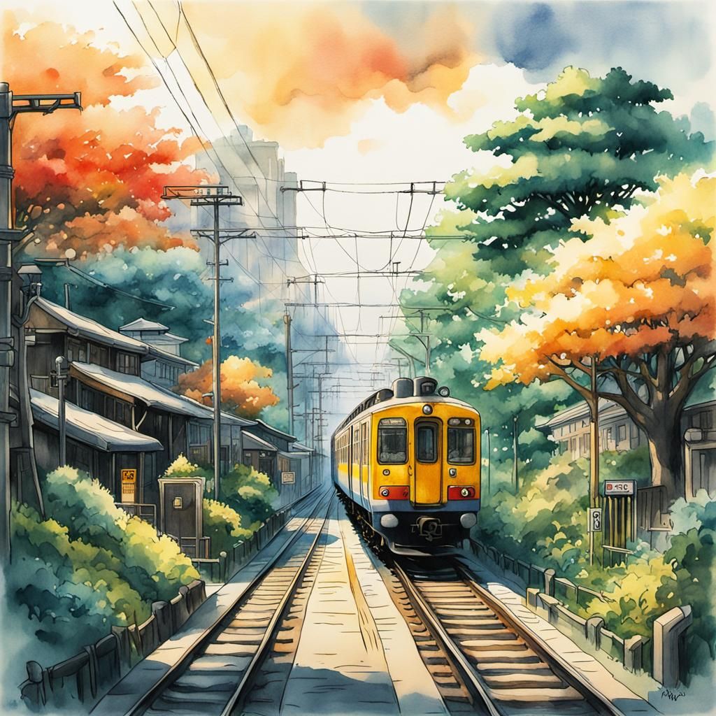 Tokyo Train in Ghibli Manga Watercolor Style