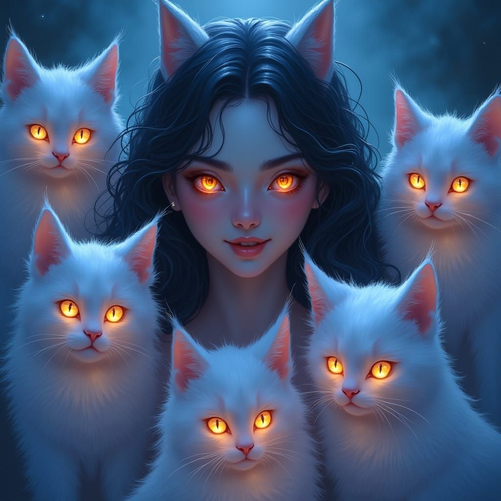 Serene Goddess of Ice and Fire Surrounded by Glowing Felines