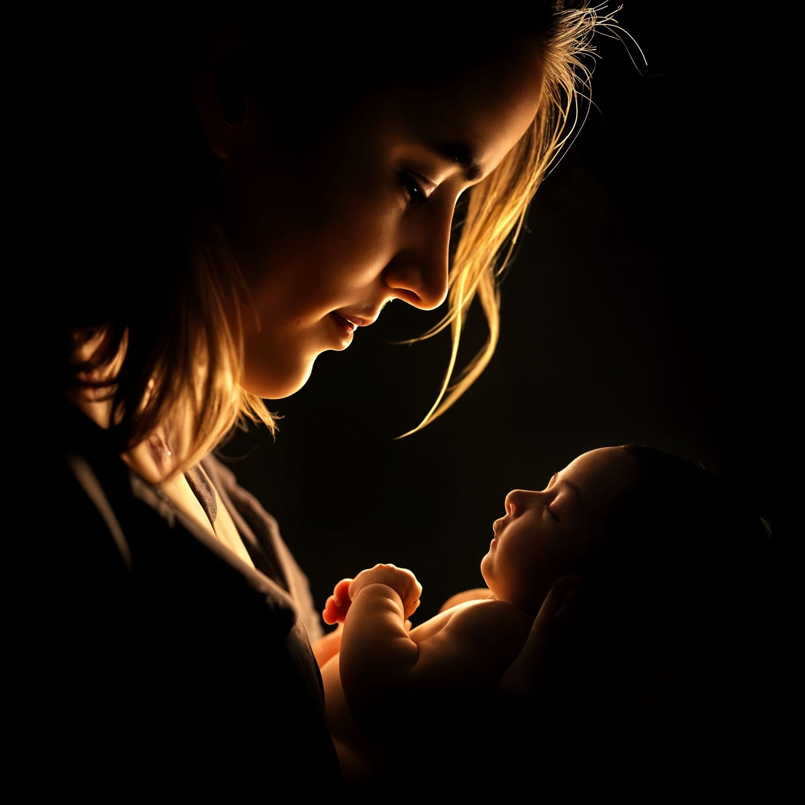 Mother and Newborn Share Tender Moment in Intimate Darkroom....