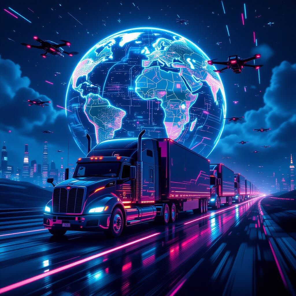Cyberpunk Truck Convoy Across Dark Globe