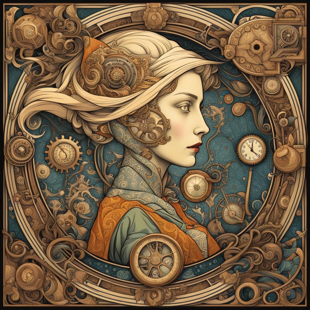 M C Escher meets steampunk in the style of Alphonse Mucha art deco vivid