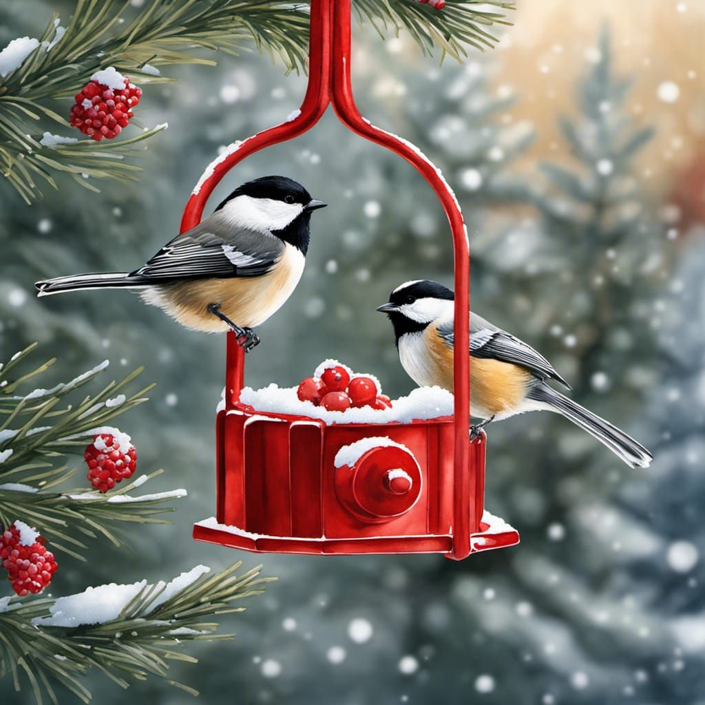 Chickadee Christmas Breakfast in Watercolor Landscape
