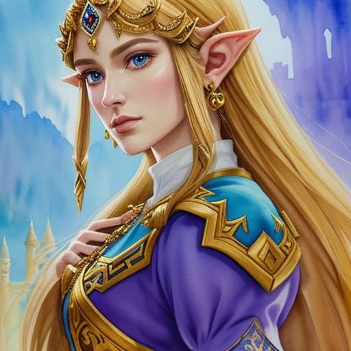 Princess Zelda Portrait in Watercolor Style